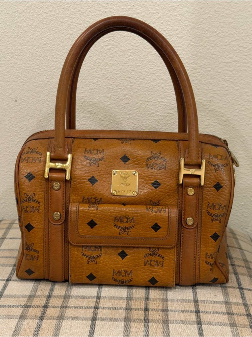 MCM Cognac Logo Boston Bag